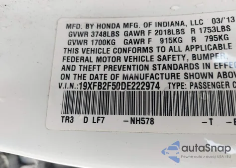 2013 Honda Civic Lx из США, поврежденный, VIN 19XFB2F50DE222974